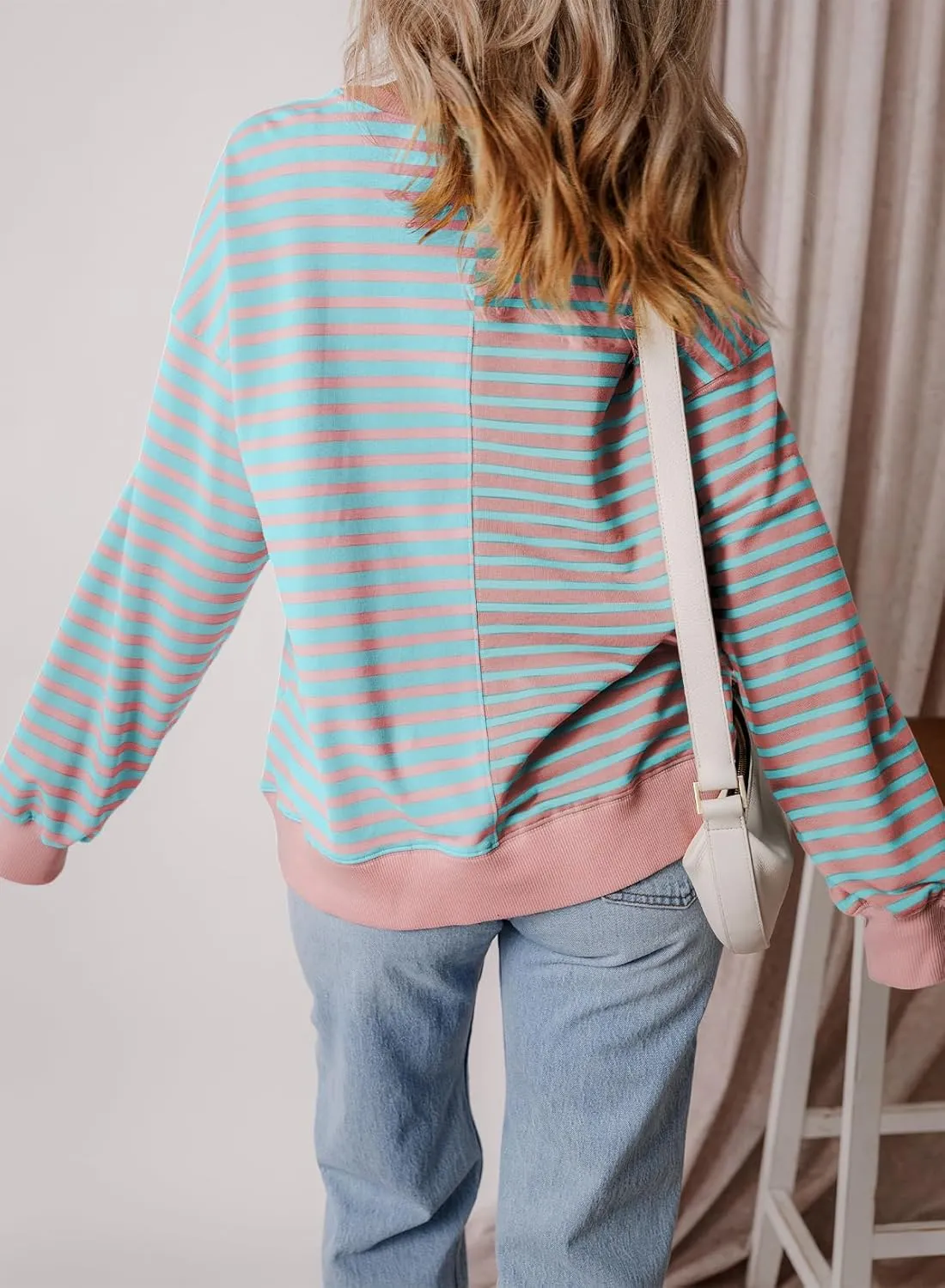 Womens Oversized Sweatshirts Striped Color Block Crewneck Sweatshirt Long Sleeve Casual Pullover Y2K Fall Top