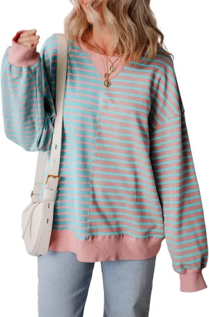 Womens Oversized Sweatshirts Striped Color Block Crewneck Sweatshirt Long Sleeve Casual Pullover Y2K Fall Top