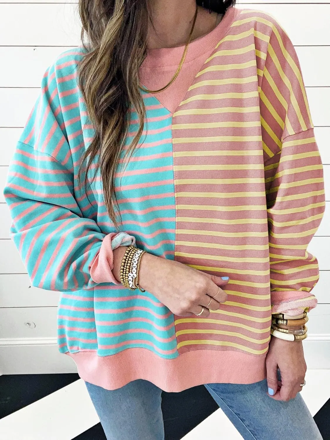 Womens Oversized Sweatshirts Striped Color Block Crewneck Sweatshirt Long Sleeve Casual Pullover Y2K Fall Top