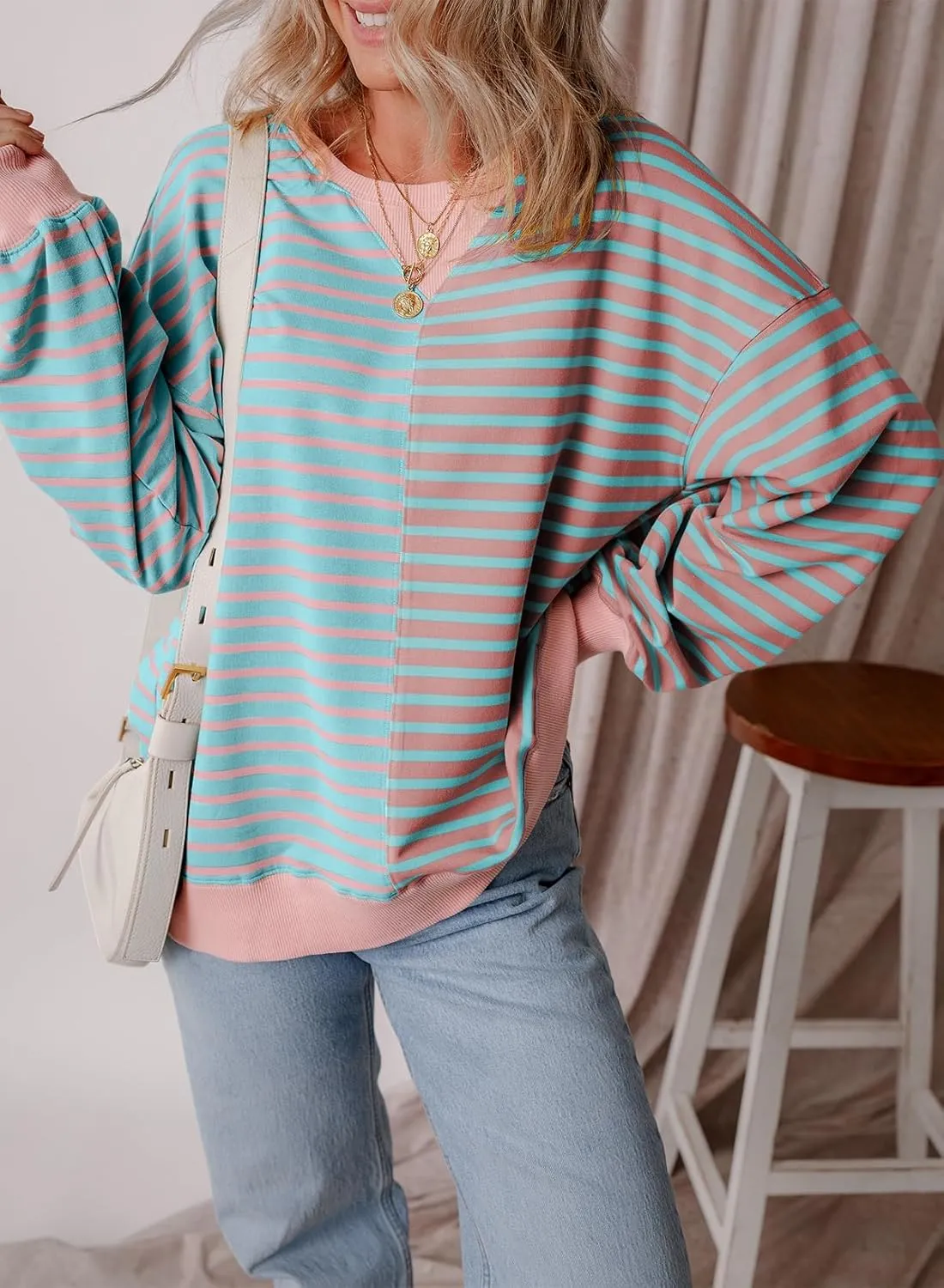 Womens Oversized Sweatshirts Striped Color Block Crewneck Sweatshirt Long Sleeve Casual Pullover Y2K Fall Top