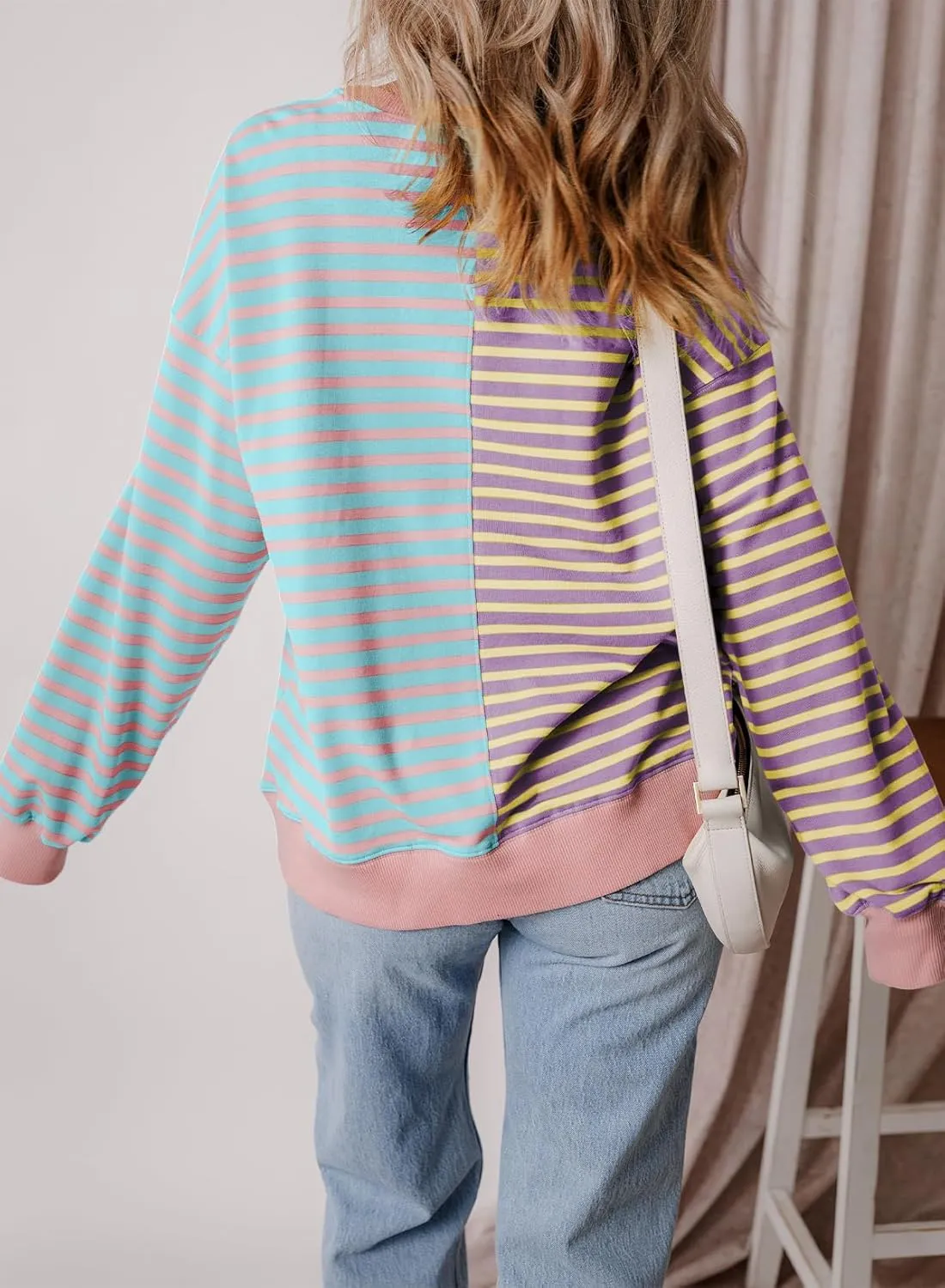 Womens Oversized Sweatshirts Striped Color Block Crewneck Sweatshirt Long Sleeve Casual Pullover Y2K Fall Top