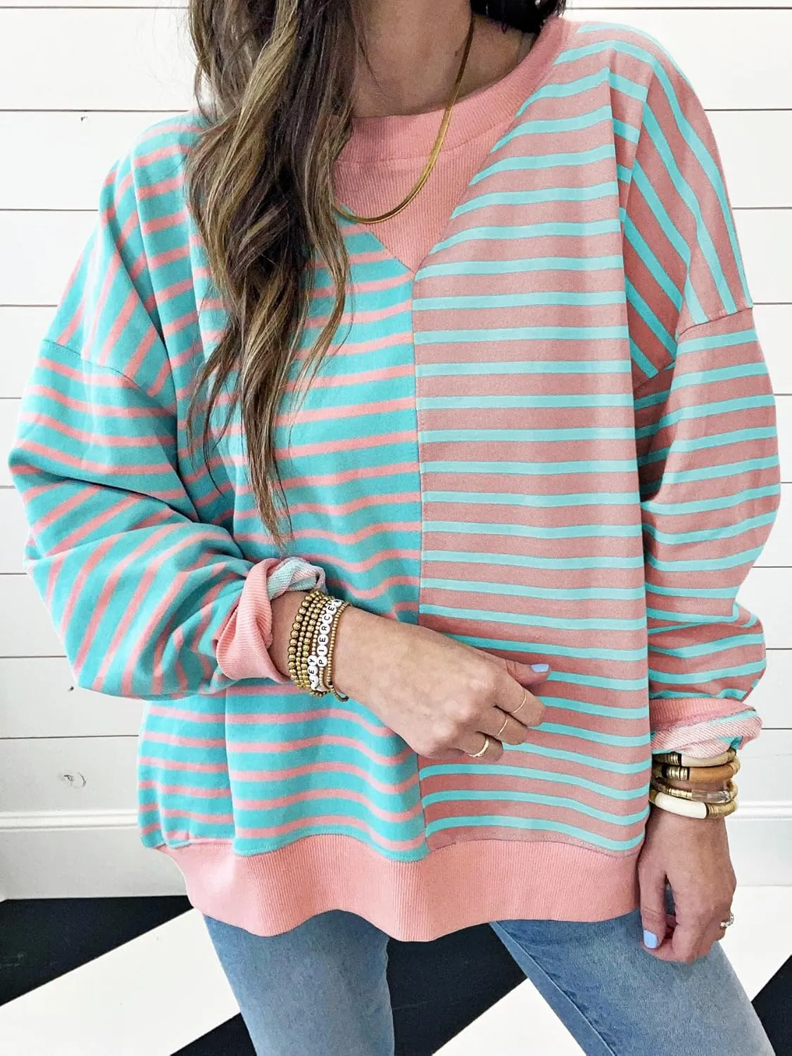 Womens Oversized Sweatshirts Striped Color Block Crewneck Sweatshirt Long Sleeve Casual Pullover Y2K Fall Top
