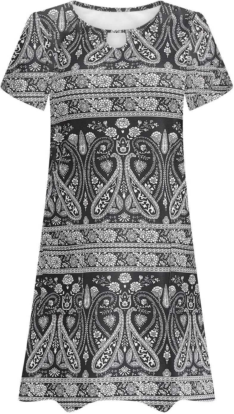 Women's Petal Sleeve Summer Trendy Polka Dots Dress Loose Keyhole Crew Neck A-Line Swing Cocktail Beach Mini Dresses