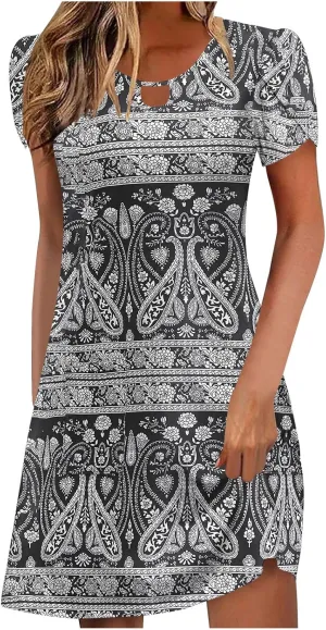 Women's Petal Sleeve Summer Trendy Polka Dots Dress Loose Keyhole Crew Neck A-Line Swing Cocktail Beach Mini Dresses