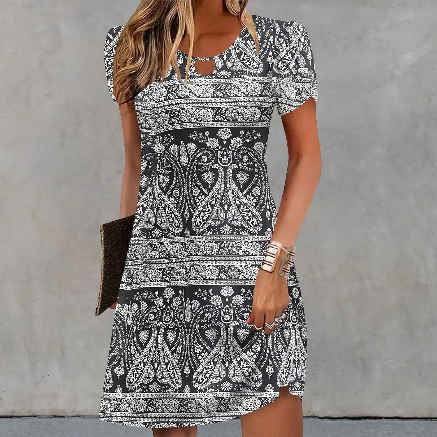 Women's Petal Sleeve Summer Trendy Polka Dots Dress Loose Keyhole Crew Neck A-Line Swing Cocktail Beach Mini Dresses