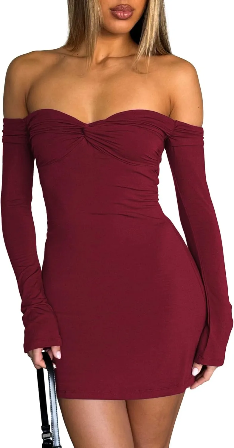 Women's Sexy Off The Shoulder Dresses Bodycon Long Sleeve Backless Slim Fit Elegant Going Out Club Party Mini Dress