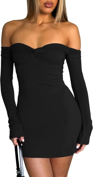 Women's Sexy Off The Shoulder Dresses Bodycon Long Sleeve Backless Slim Fit Elegant Going Out Club Party Mini Dress