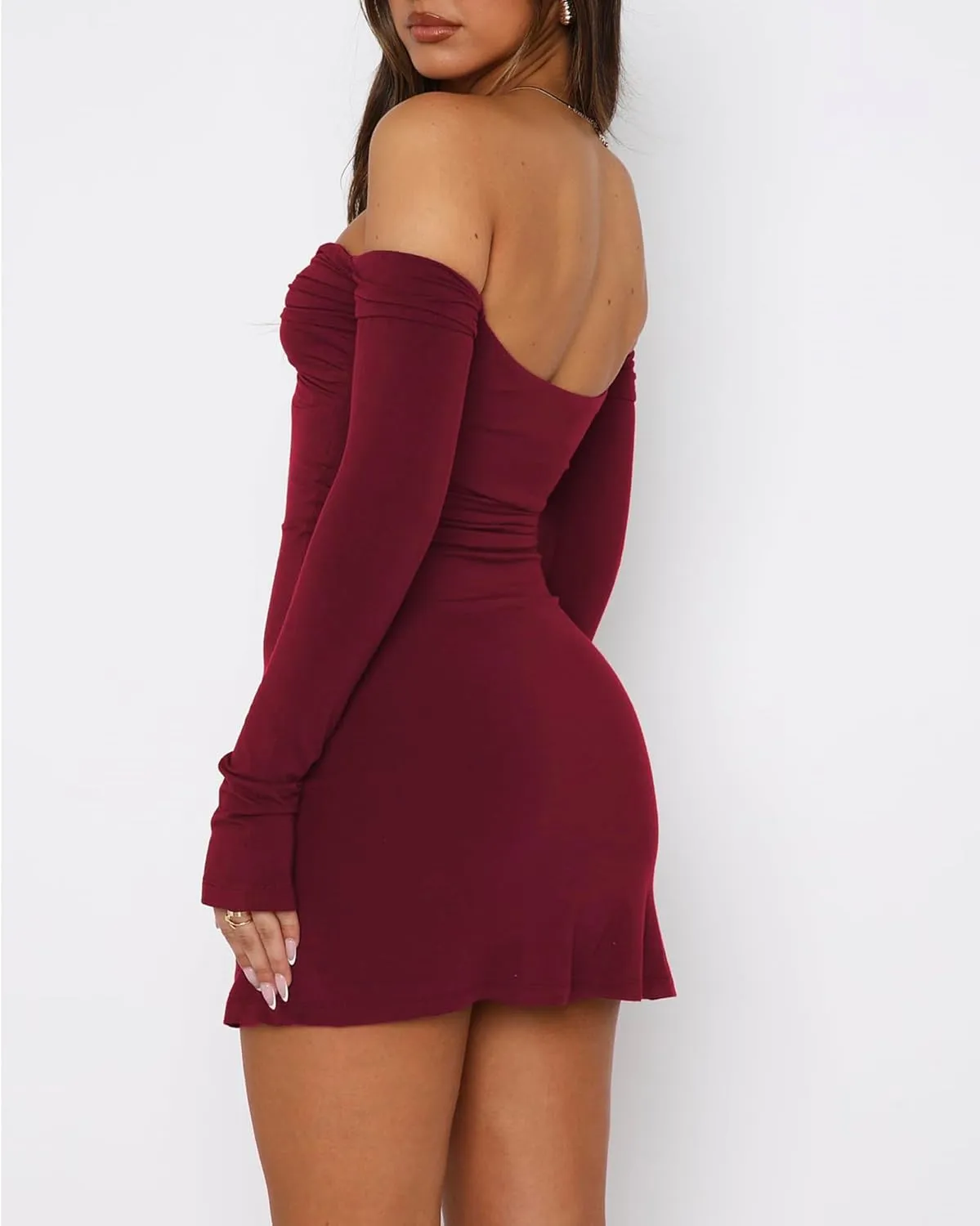 Women's Sexy Off The Shoulder Dresses Bodycon Long Sleeve Backless Slim Fit Elegant Going Out Club Party Mini Dress