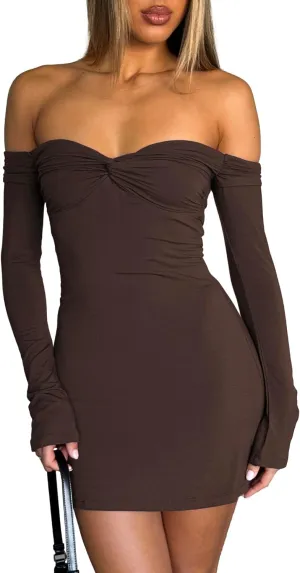 Women's Sexy Off The Shoulder Dresses Bodycon Long Sleeve Backless Slim Fit Elegant Going Out Club Party Mini Dress