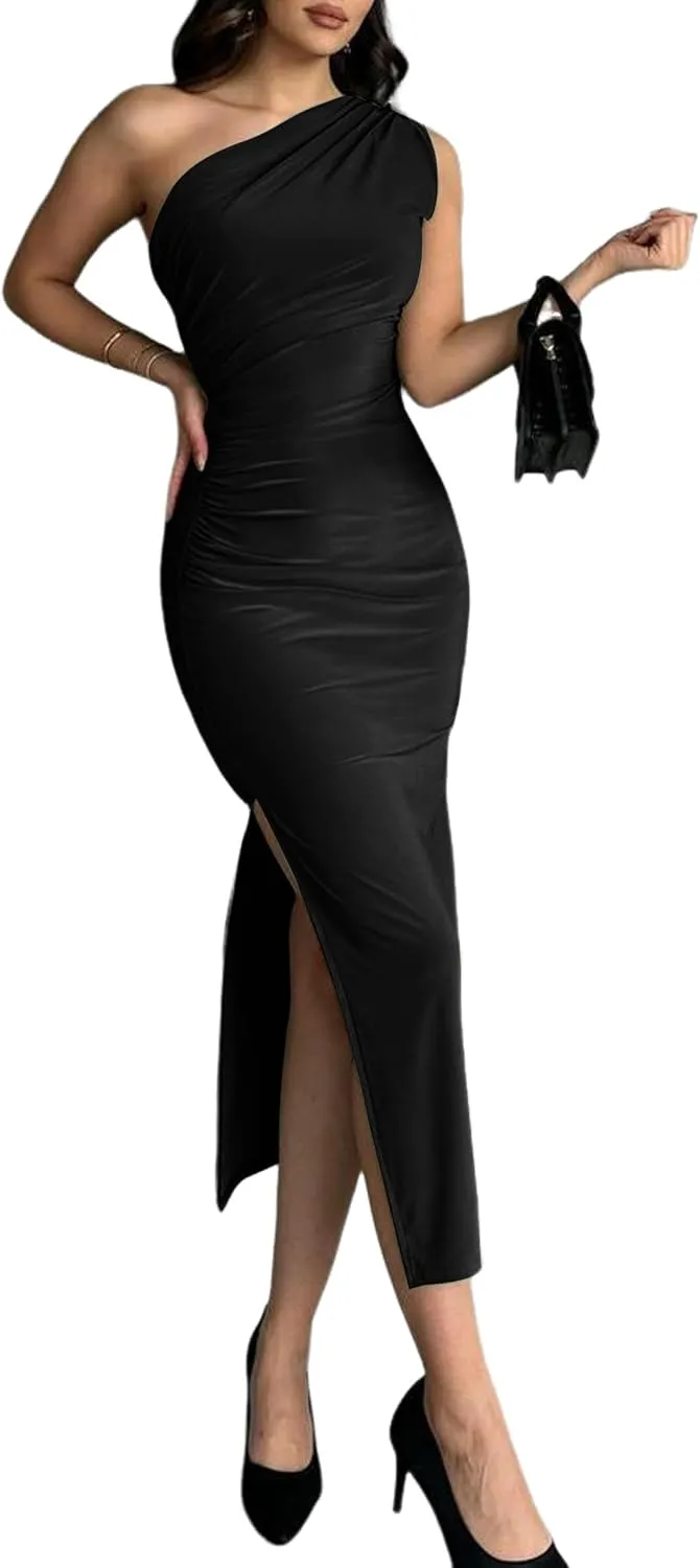 Womens' Sexy Summer One Shoulder Bodycon Long Stretchy Skin Tight Side Slit Date Night Dresses