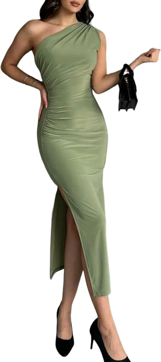 Womens' Sexy Summer One Shoulder Bodycon Long Stretchy Skin Tight Side Slit Date Night Dresses