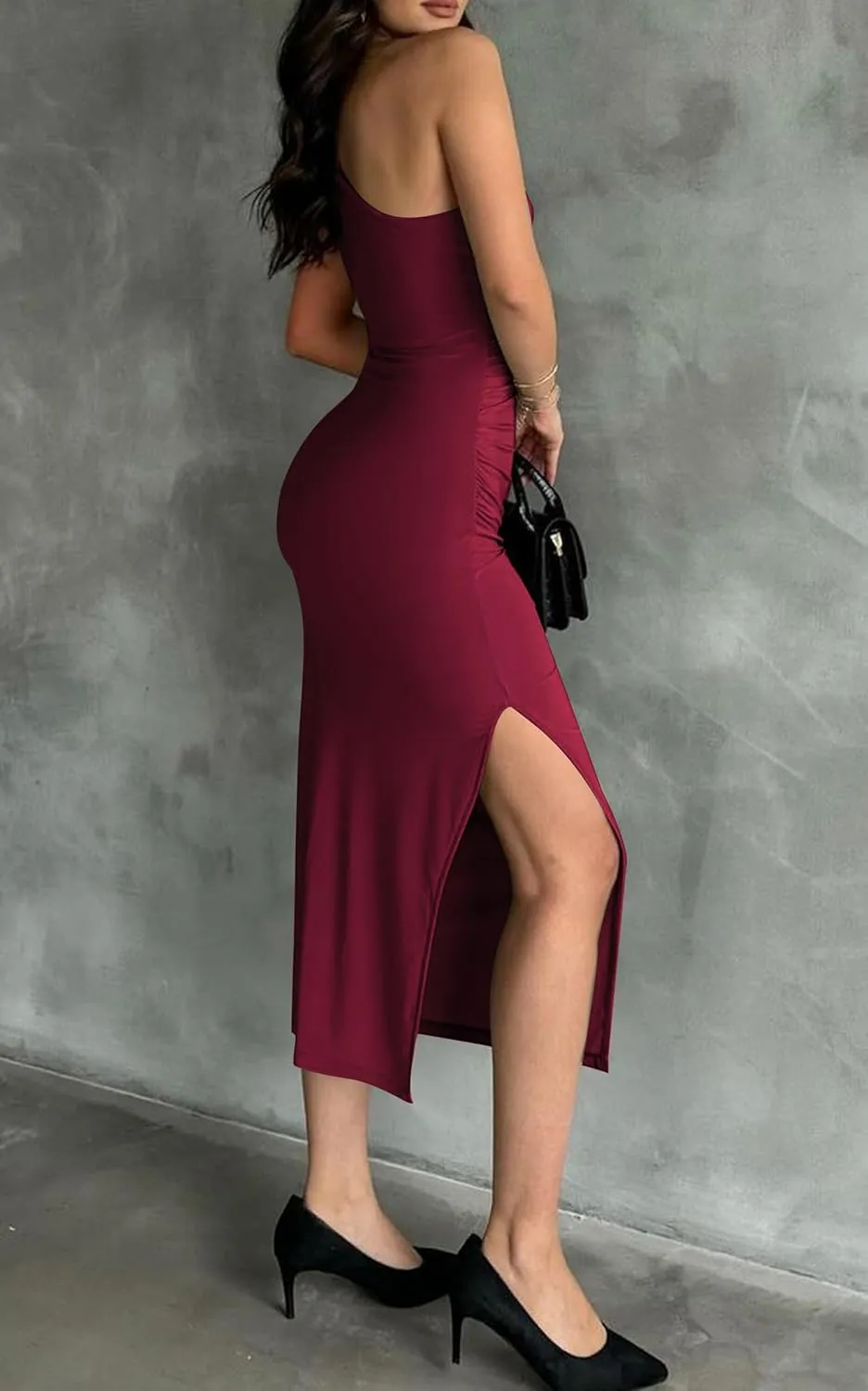 Womens' Sexy Summer One Shoulder Bodycon Long Stretchy Skin Tight Side Slit Date Night Dresses