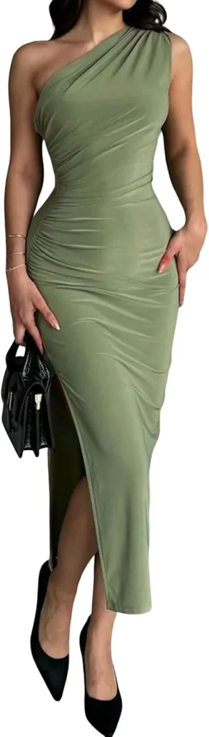 Womens' Sexy Summer One Shoulder Bodycon Long Stretchy Skin Tight Side Slit Date Night Dresses