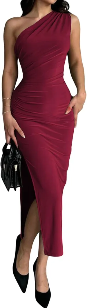 Womens' Sexy Summer One Shoulder Bodycon Long Stretchy Skin Tight Side Slit Date Night Dresses