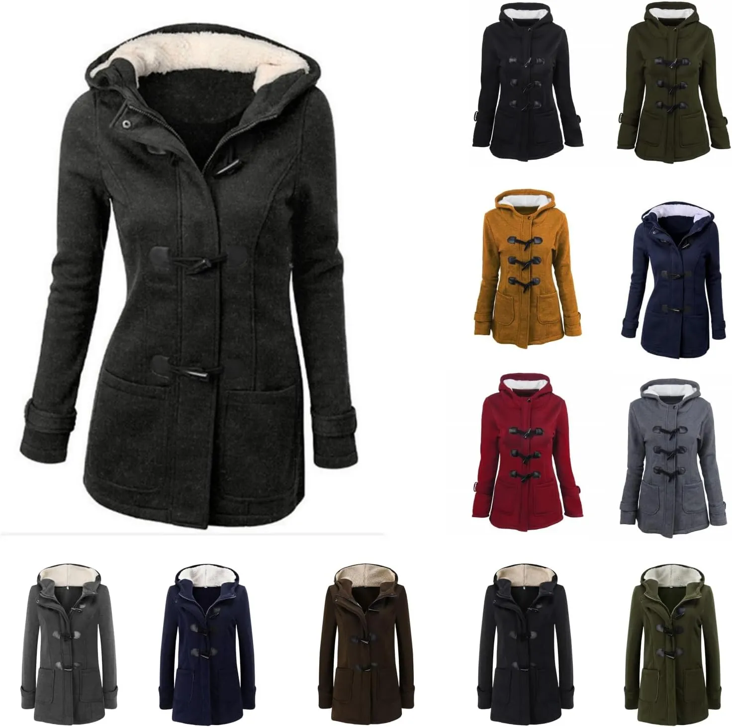 Womens Sherpa Lined Jacket Casual Horn Button Coat Long Sleeve Hoodie Warm Winter Coat Loose Fit Outwear with Pocket