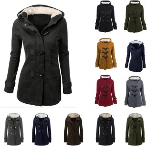Womens Sherpa Lined Jacket Casual Horn Button Coat Long Sleeve Hoodie Warm Winter Coat Loose Fit Outwear with Pocket