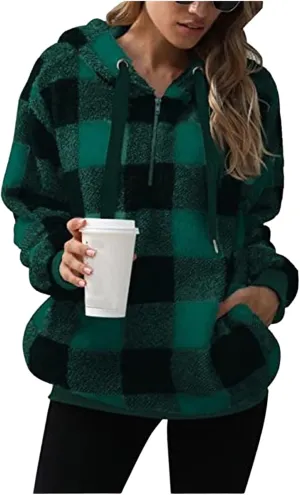 Womens Sherpa Pullover Oversized Fuzzy Hoodie Double Fleece Sweatshirts Fluffy Buffalo Plaid Outerwear with Pockets