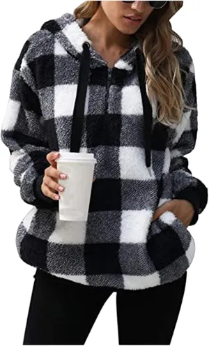 Womens Sherpa Pullover Oversized Fuzzy Hoodie Double Fleece Sweatshirts Fluffy Buffalo Plaid Outerwear with Pockets