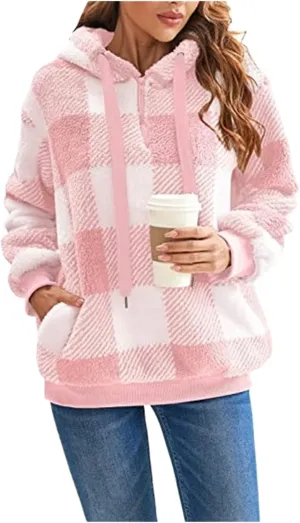 Womens Sherpa Pullover Oversized Fuzzy Hoodie Double Fleece Sweatshirts Fluffy Buffalo Plaid Outerwear with Pockets