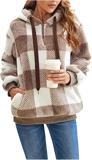 Womens Sherpa Pullover Oversized Fuzzy Hoodie Double Fleece Sweatshirts Fluffy Buffalo Plaid Outerwear with Pockets