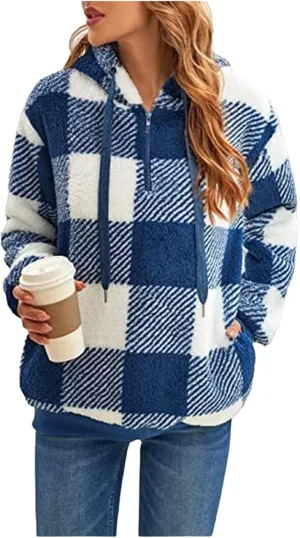 Womens Sherpa Pullover Oversized Fuzzy Hoodie Double Fleece Sweatshirts Fluffy Buffalo Plaid Outerwear with Pockets