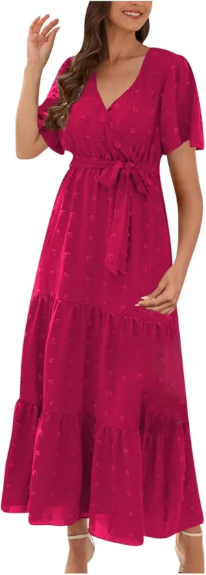 Womens Solid Swiss Dot Maxi Dresses Wrap V Neck Flutter Short Sleeve Solid Tie Belt A Line Tiered Flowy Long Dress