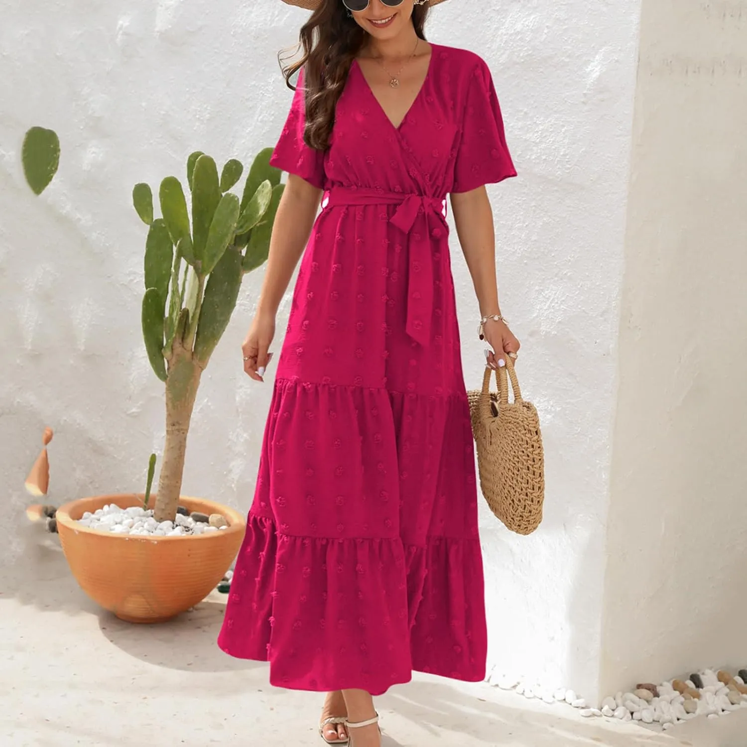 Womens Solid Swiss Dot Maxi Dresses Wrap V Neck Flutter Short Sleeve Solid Tie Belt A Line Tiered Flowy Long Dress