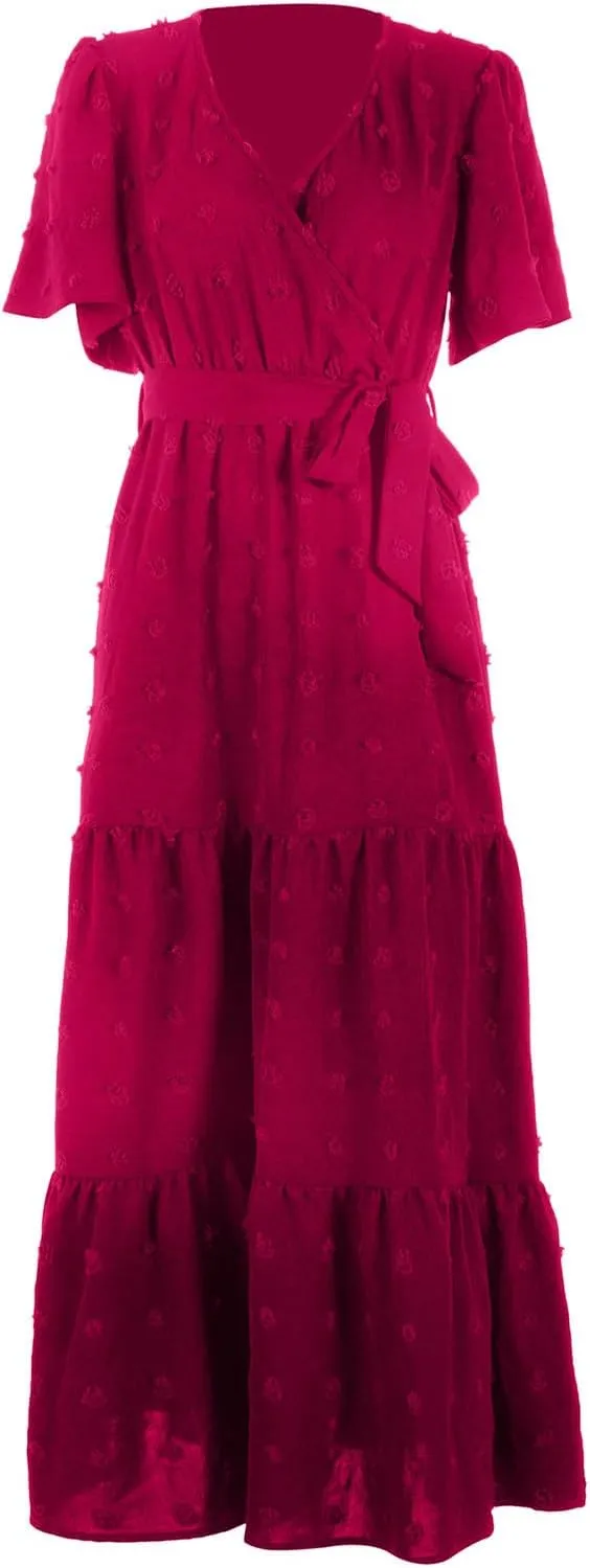 Womens Solid Swiss Dot Maxi Dresses Wrap V Neck Flutter Short Sleeve Solid Tie Belt A Line Tiered Flowy Long Dress