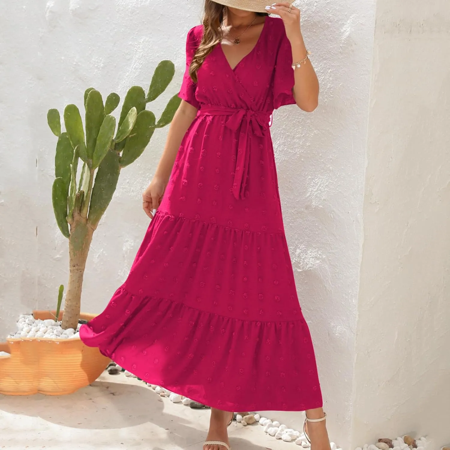 Womens Solid Swiss Dot Maxi Dresses Wrap V Neck Flutter Short Sleeve Solid Tie Belt A Line Tiered Flowy Long Dress