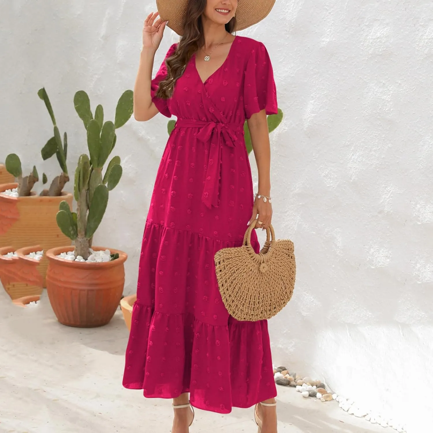 Womens Solid Swiss Dot Maxi Dresses Wrap V Neck Flutter Short Sleeve Solid Tie Belt A Line Tiered Flowy Long Dress