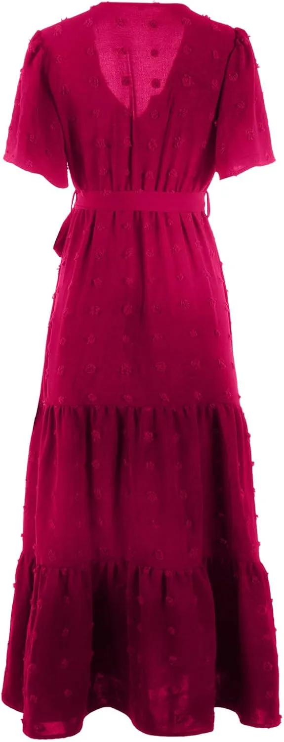 Womens Solid Swiss Dot Maxi Dresses Wrap V Neck Flutter Short Sleeve Solid Tie Belt A Line Tiered Flowy Long Dress