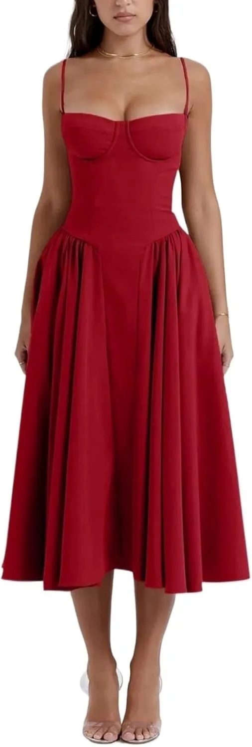 Women's Spaghetti Strap Dresses Elegant Slim Backless Midi Dress Solid Suspender Summer Party Evening Robes Bodycon