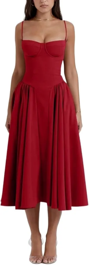 Women's Spaghetti Strap Dresses Elegant Slim Backless Midi Dress Solid Suspender Summer Party Evening Robes Bodycon