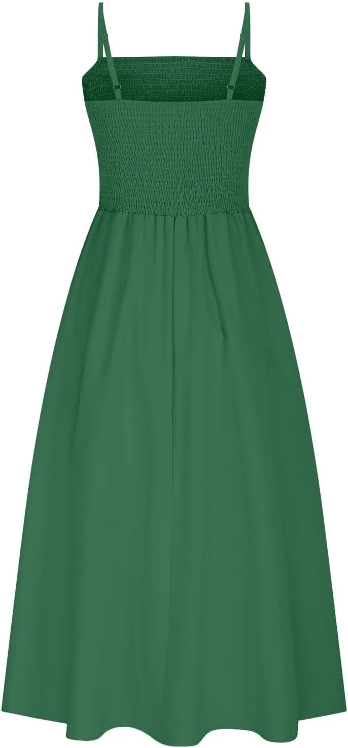 Women's Spahetti Strap Sleeveless Maxi Dresses Comfy A-Line Pleated Hem Dress Pocket Versatile Summer Sundress for Party