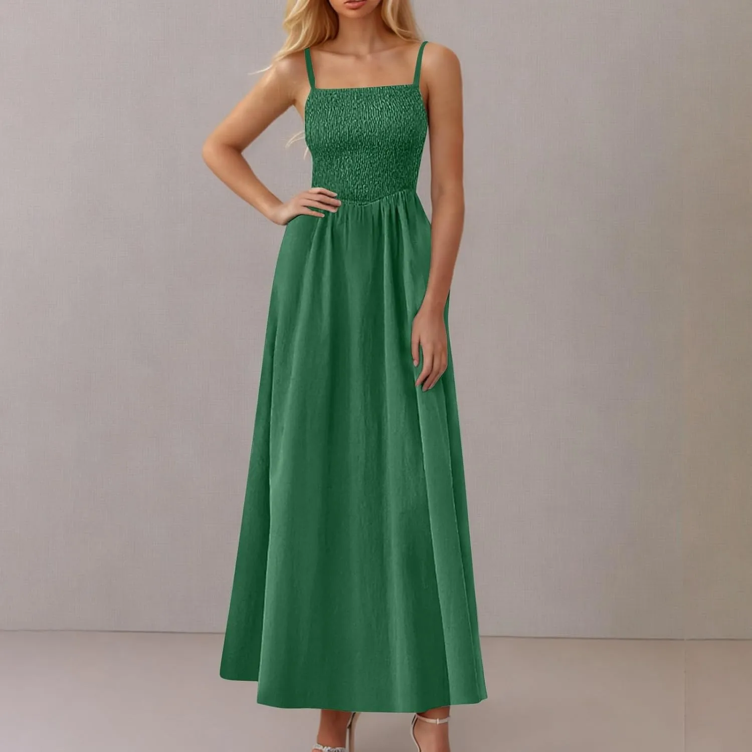 Women's Spahetti Strap Sleeveless Maxi Dresses Comfy A-Line Pleated Hem Dress Pocket Versatile Summer Sundress for Party