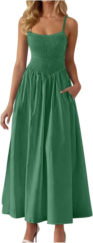 Women's Spahetti Strap Sleeveless Maxi Dresses Comfy A-Line Pleated Hem Dress Pocket Versatile Summer Sundress for Party