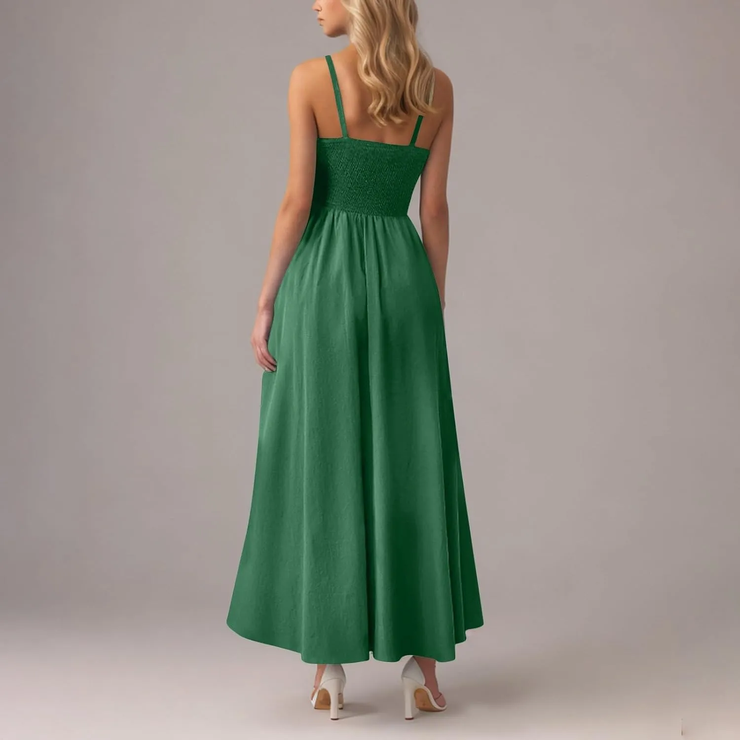 Women's Spahetti Strap Sleeveless Maxi Dresses Comfy A-Line Pleated Hem Dress Pocket Versatile Summer Sundress for Party