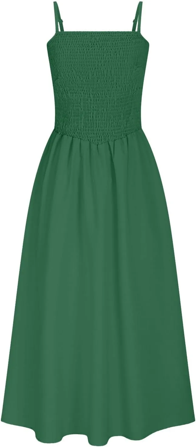 Women's Spahetti Strap Sleeveless Maxi Dresses Comfy A-Line Pleated Hem Dress Pocket Versatile Summer Sundress for Party