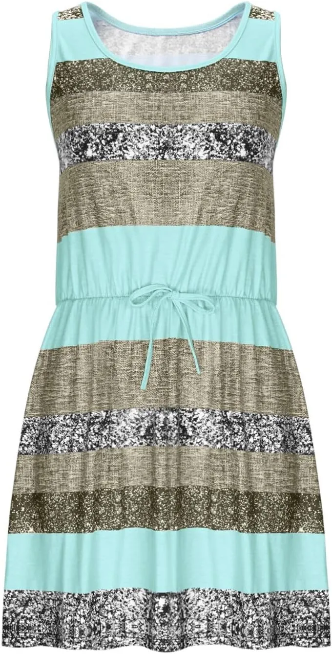 Women's Striped Short Sleeve Mini Dresses Comfy Tiered Swing Dress Empire Waist Drawstring Casual Sundress for Ladies