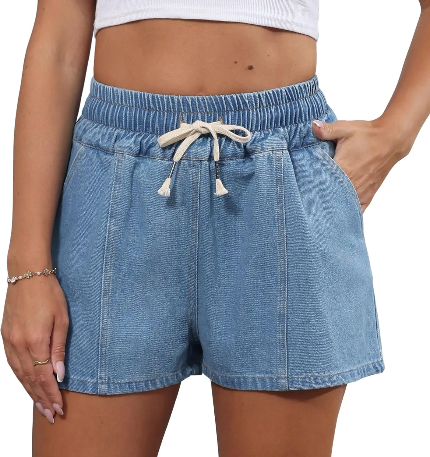 Women's Summer Jean Shorts Drawstring High Waisted Casual Wide Leg Denim Shorts with Pockets