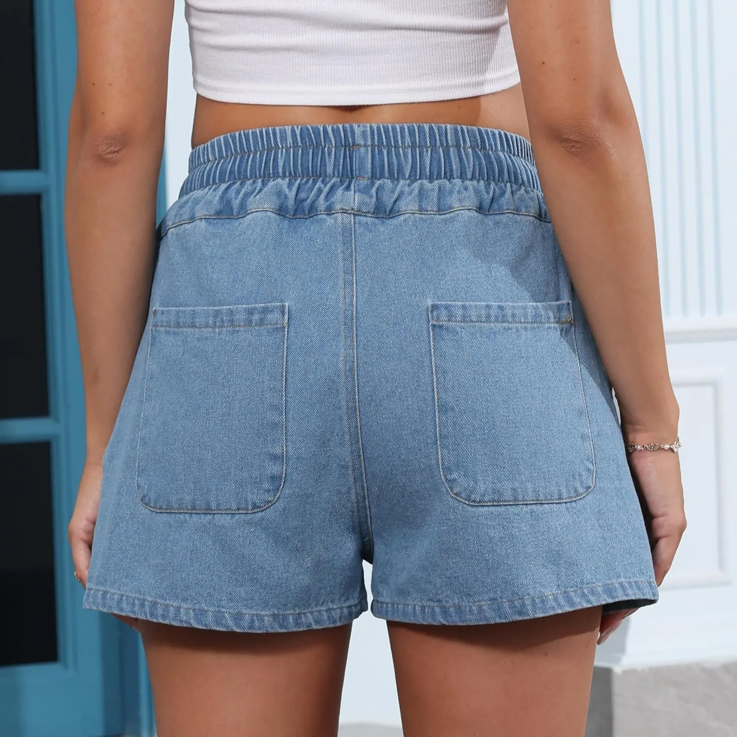 Women's Summer Jean Shorts Drawstring High Waisted Casual Wide Leg Denim Shorts with Pockets