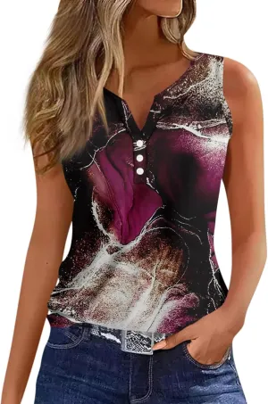 Womens Tank Tops Henley V Neck Button Printed Shirts 2025 Summer Casual Loose Fit Sleeveless Cute Tanks Tee for Women