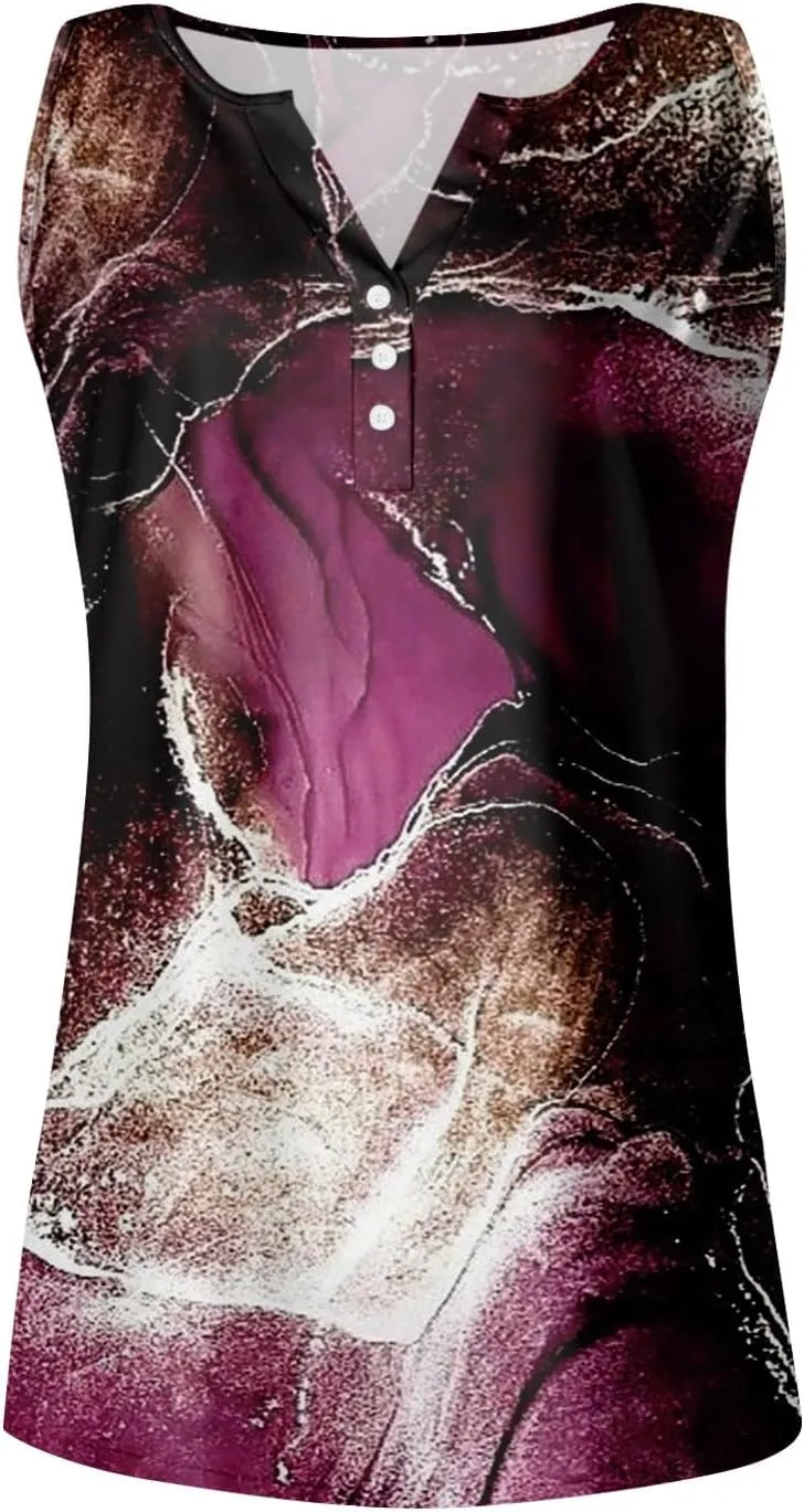 Womens Tank Tops Henley V Neck Button Printed Shirts 2025 Summer Casual Loose Fit Sleeveless Cute Tanks Tee for Women
