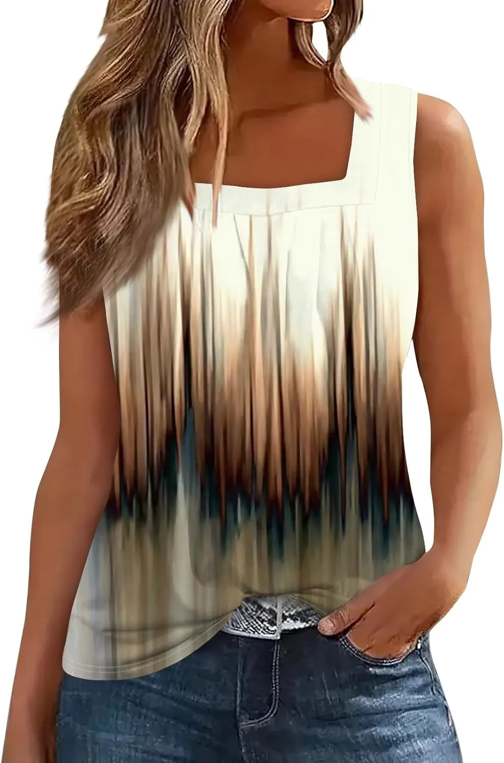 Womens Tank Tops Ruffled Square Neck Printed Shirts 2025 Summer Casual Loose Fit Sleeveless Cute Tanks Tee for Women