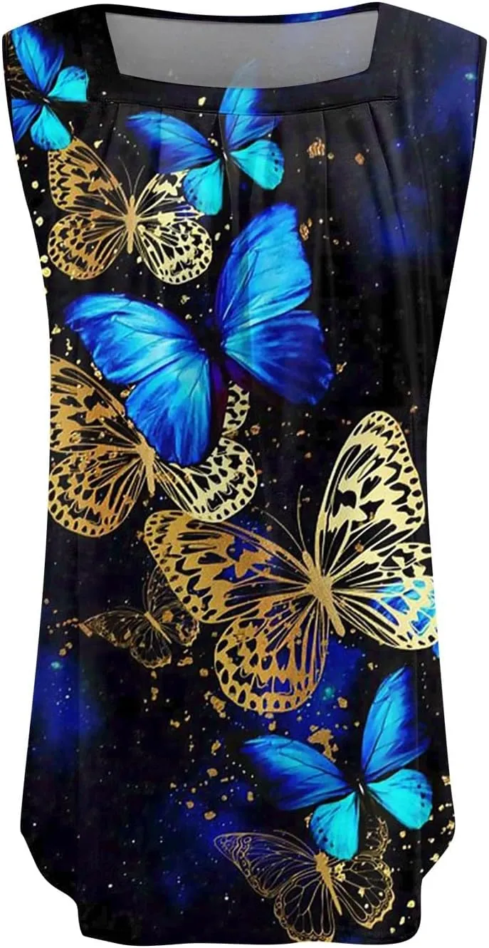 Womens Tank Tops Ruffled Square Neck Printed Shirts 2025 Summer Casual Loose Fit Sleeveless Cute Tanks Tee for Women