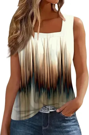 Womens Tank Tops Ruffled Square Neck Printed Shirts 2025 Summer Casual Loose Fit Sleeveless Cute Tanks Tee for Women
