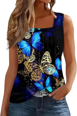 Womens Tank Tops Ruffled Square Neck Printed Shirts 2025 Summer Casual Loose Fit Sleeveless Cute Tanks Tee for Women