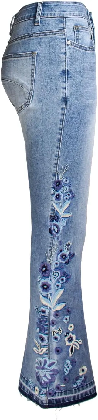 Women's Wide-Leg Denim Pants with a Stylish Floral Embroidered Bell Bottom Flare Jeans