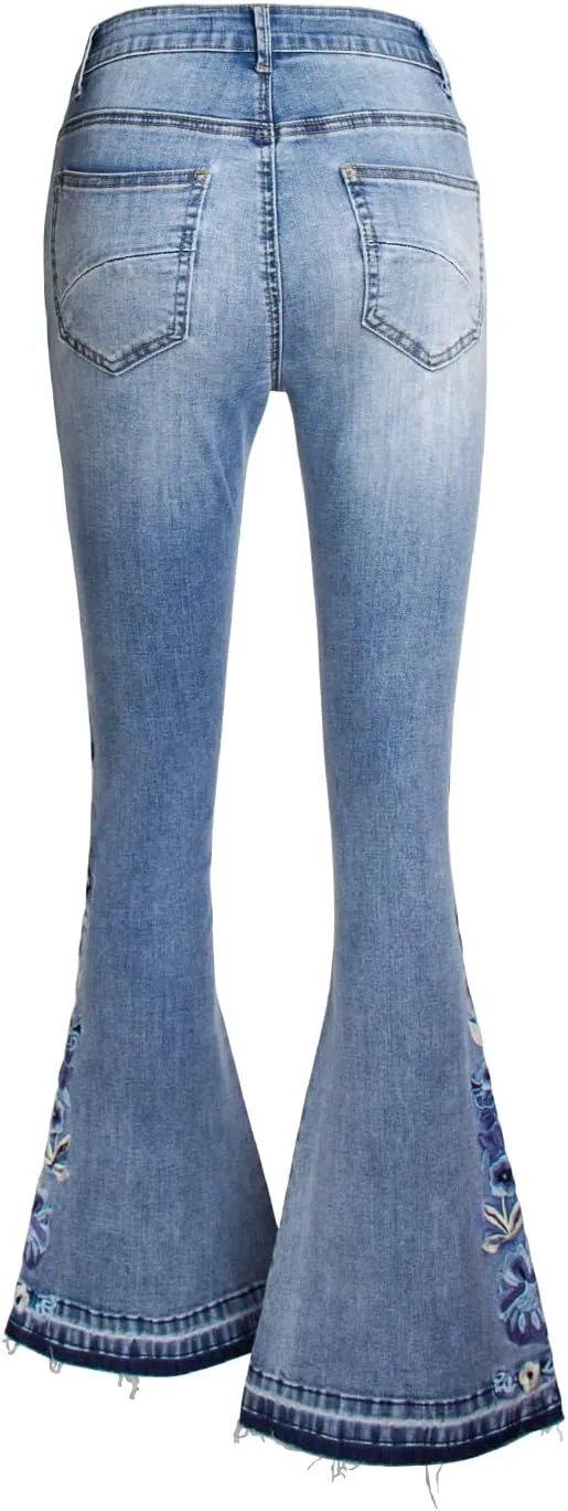 Women's Wide-Leg Denim Pants with a Stylish Floral Embroidered Bell Bottom Flare Jeans