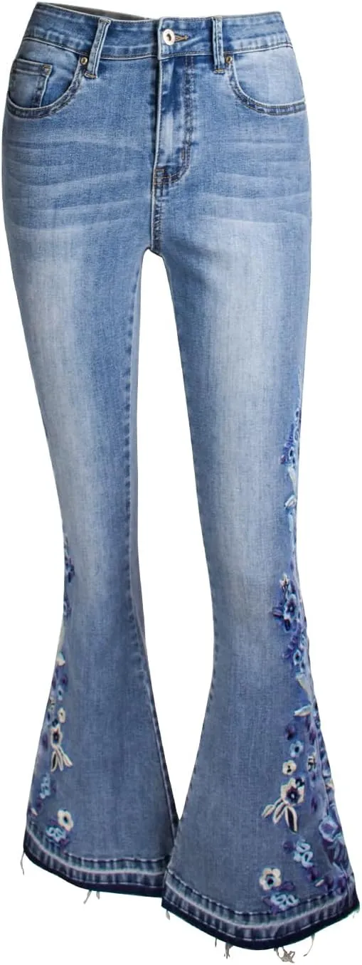 Women's Wide-Leg Denim Pants with a Stylish Floral Embroidered Bell Bottom Flare Jeans